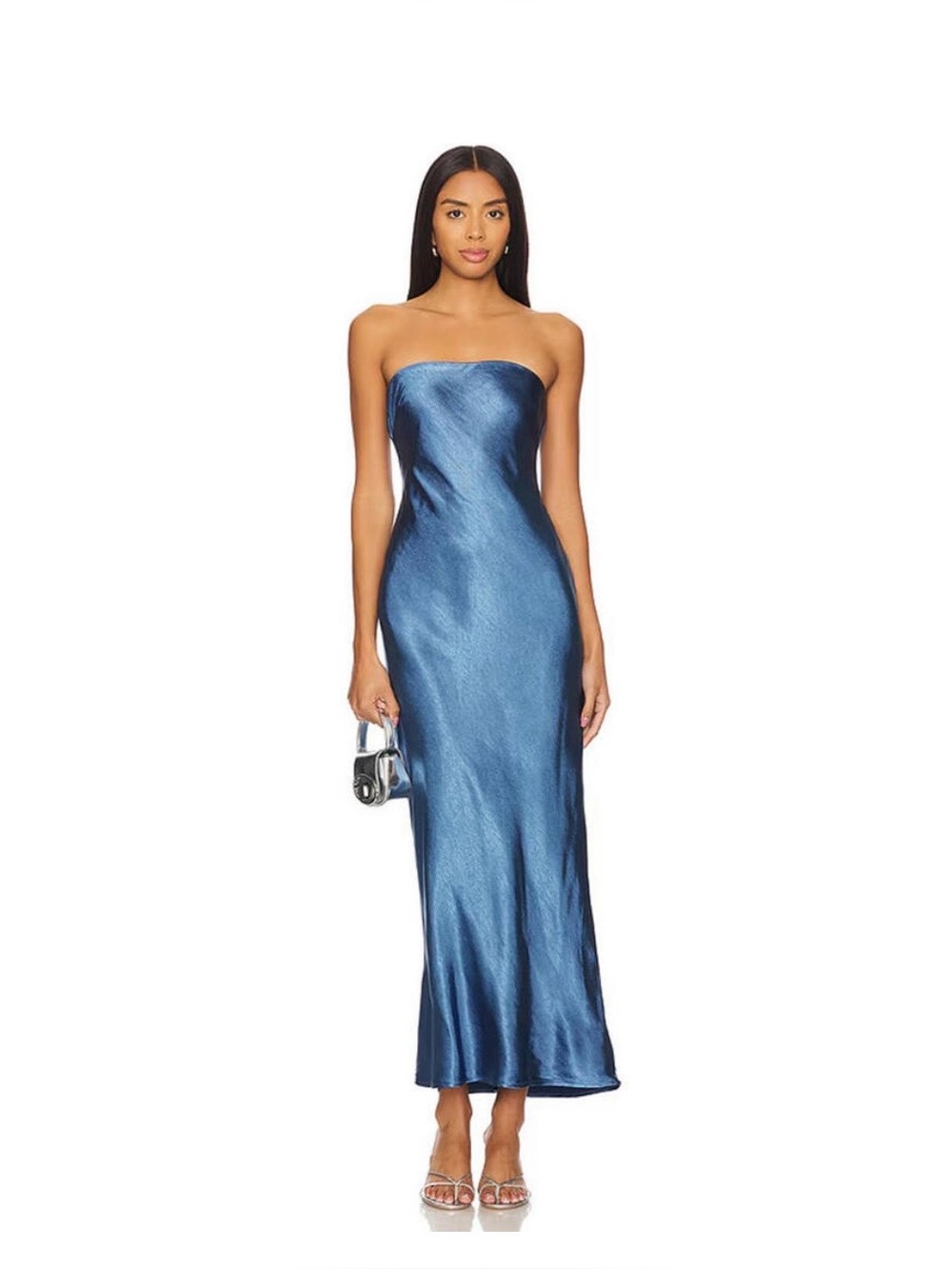 MORE TO COME Emma Strapless Maxi Blue Silky Satin Tube Dress M